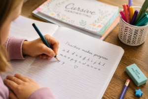 student practicing cursive